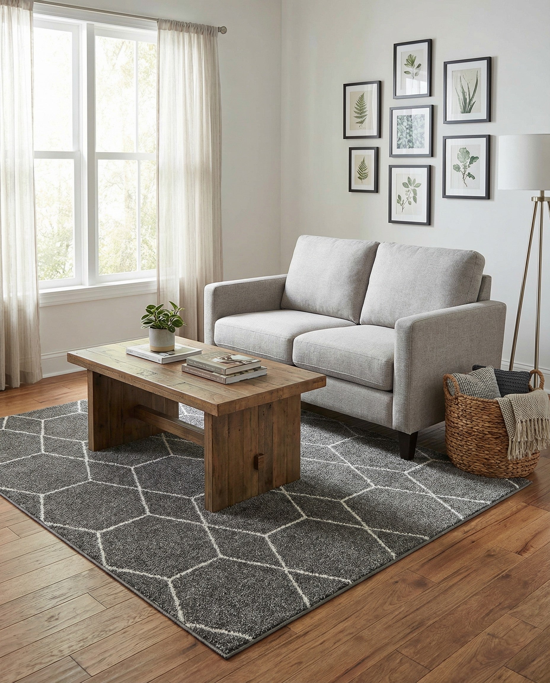 A 4x6 rectangular gray area rug featuring a modern white trellis pattern, perfect for a living room or office.