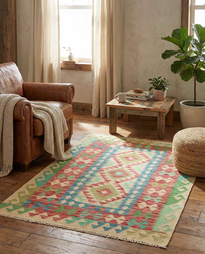 3' 3 x 4' 10 Hand Woven Kilim Maymana Wool Rug