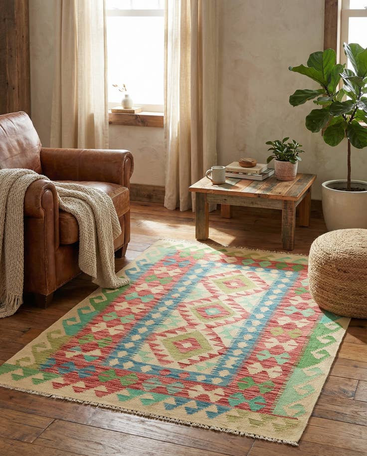 Detail image of 3' 3 x 4' 10 Hand Woven Kilim Maymana Wool Rug