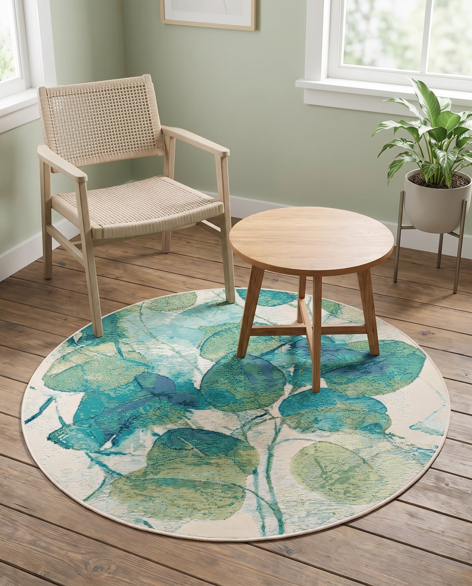 4' x 4' Easy-Clean Botanical Indoor / Outdoor Round Rug