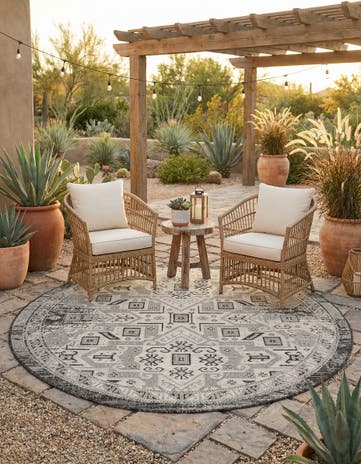 Charcoal Gray Easy-Clean Aztec Indoor / Outdoor Round Rug