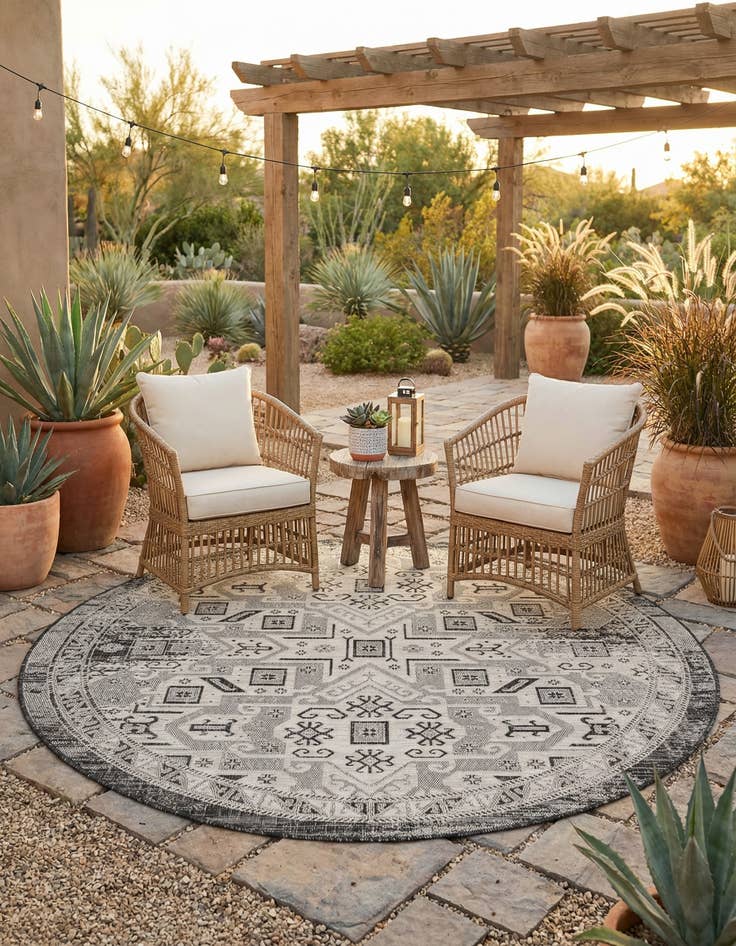 Detail image of 7' 10 x 7' 10 Easy-Clean Aztec Indoor / Outdoor Round Rug