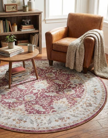 Burgundy Red Washable Timeless Round Rug