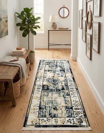 Blue and Ivory Nain Design Runner Rug