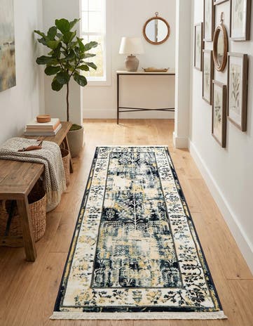 Blue and Ivory Nain Design Runner Rug