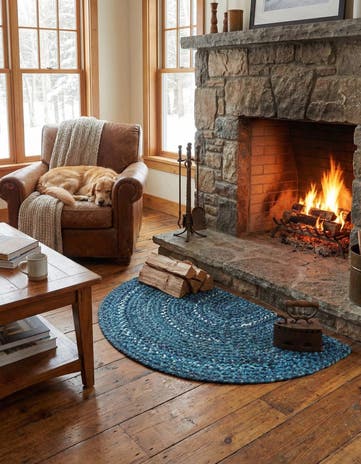 Blue Handmade Braided Chindi Hearth Rug