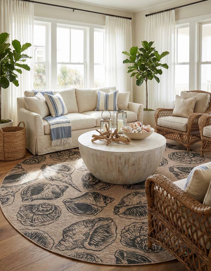 Detail image of 12' x 12'  Washable Coastal Indoor / Outdoor Round Rug