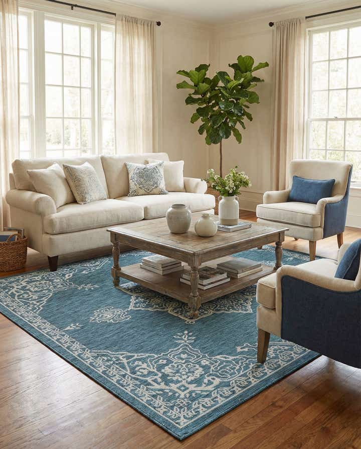 7' 10 x 7' 10 Easy-Clean Traditional Indoor / Outdoor Square Rug