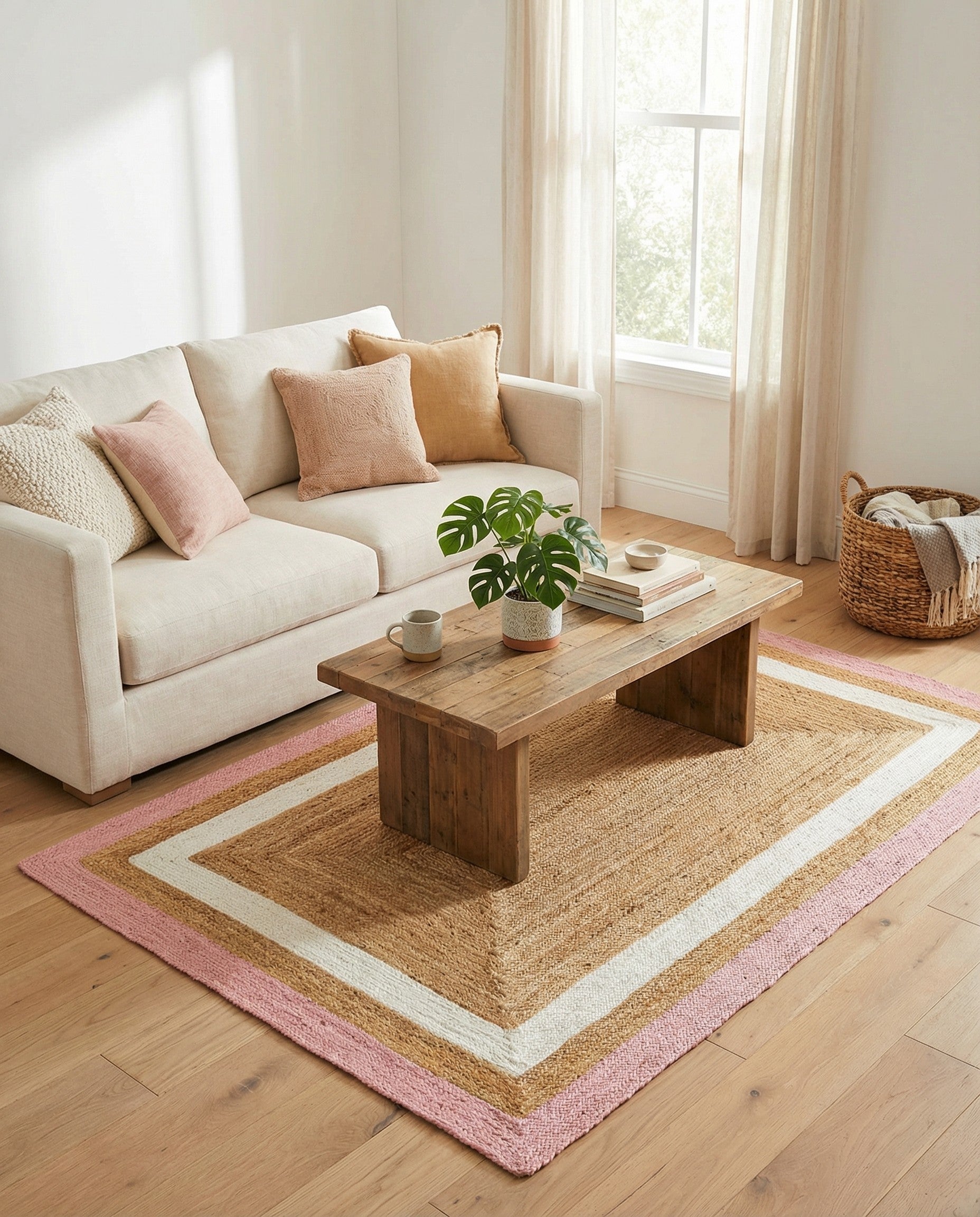 A 5x8 rectangular braided jute rug featuring a natural tan center, framed by ivory, tan, and a soft pink border.