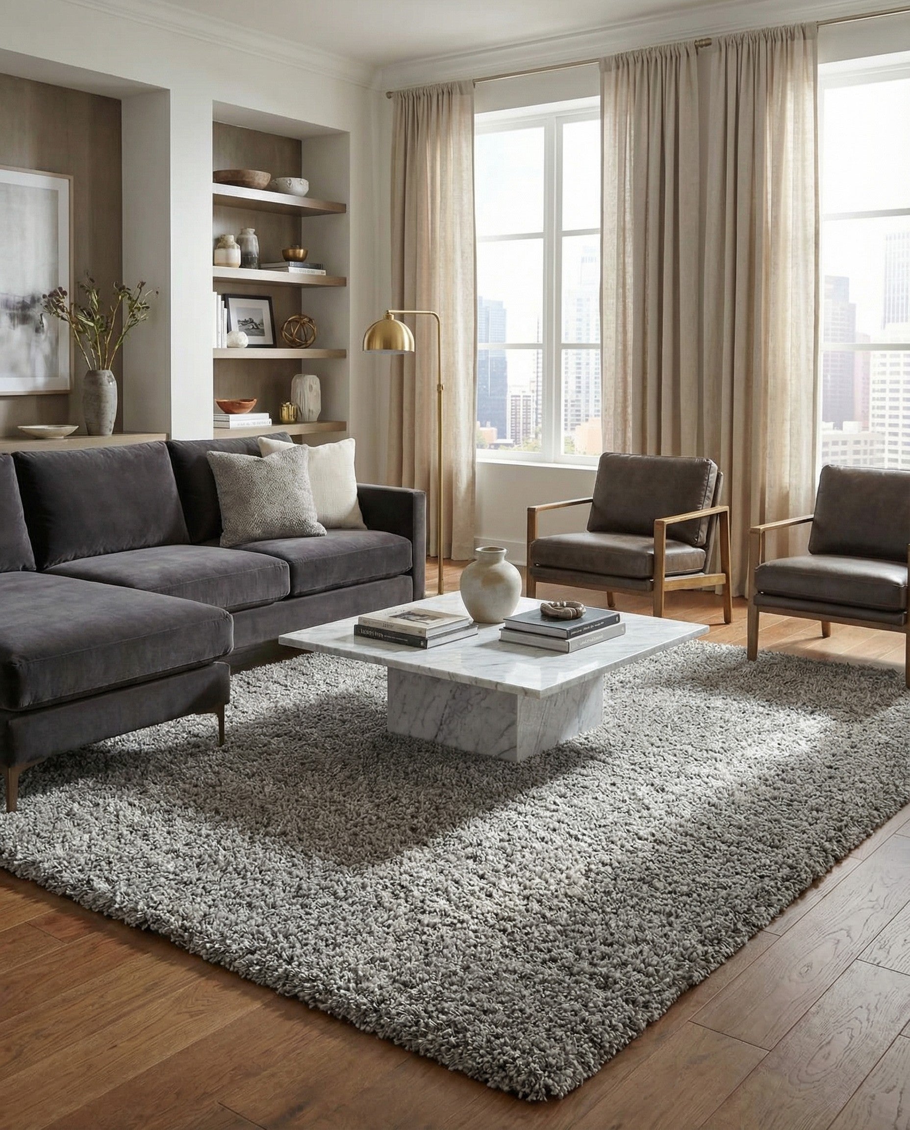 A 10x13 rectangular gray shag rug with a plush, textured pile, perfect for a modern living room or bedroom.