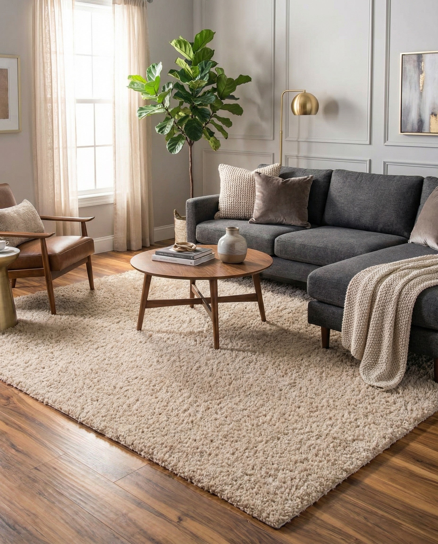 A soft, plush Zermatt Shag square rug in a solid ivory and cream color, perfect for adding comfort to any indoor space.