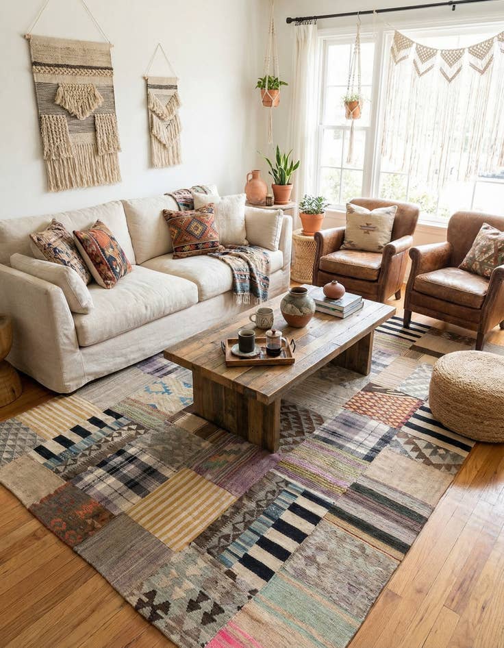 Detail image of 6' 7 x 10'  Hand Woven Kilim Patchwork Wool Rug