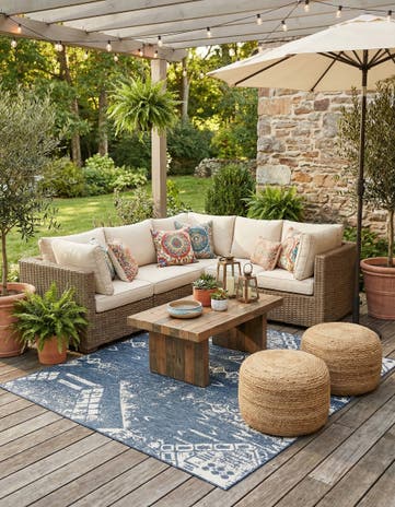 Blue Easy-Clean Bohemian Indoor / Outdoor Square Rug