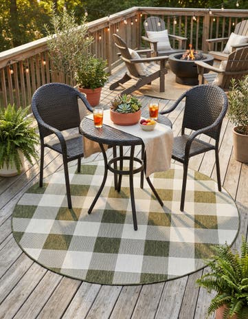 Green Easy-Clean Checkered Indoor / Outdoor Round Rug