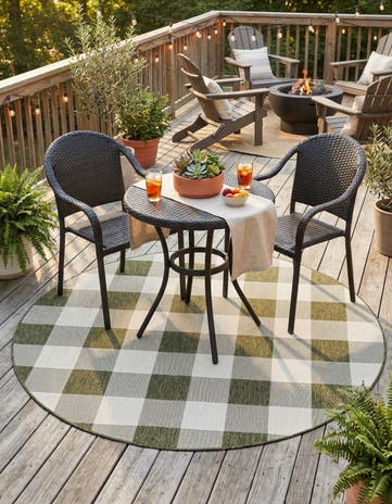 Green Easy-Clean Checkered Indoor / Outdoor Round Rug