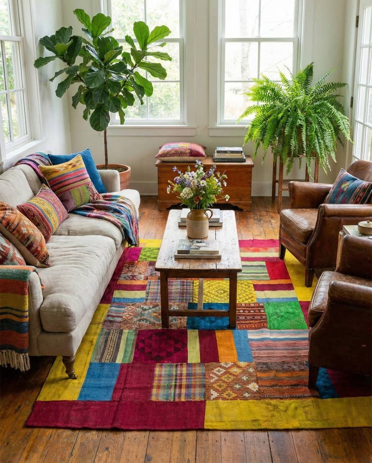 Detail image of 5' 8 x 8' Hand Woven Kilim Patchwork Wool Rug