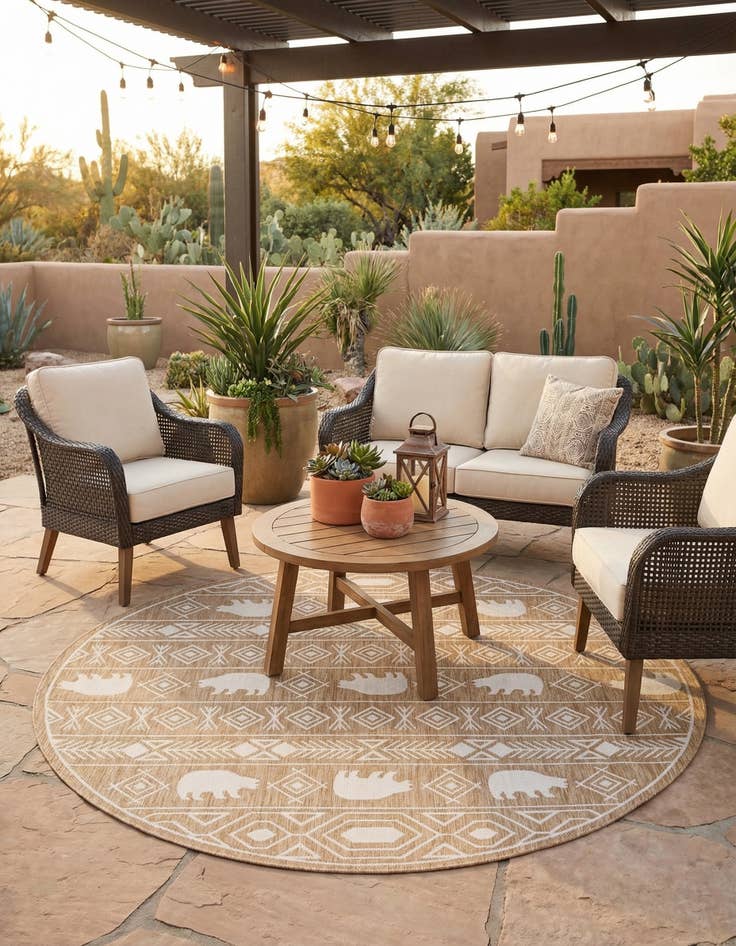 Detail image of 7' 10 x 7' 10  Washable Southwestern Indoor / Outdoor Round Rug