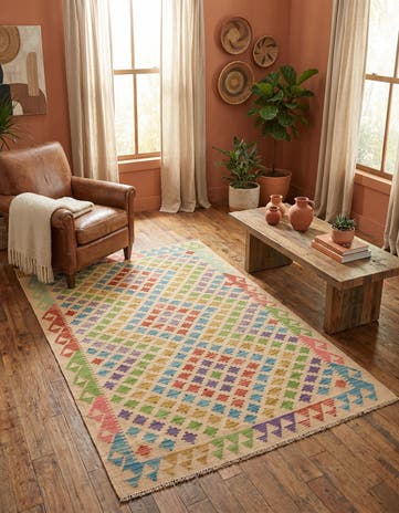 3' 7 x 6' 3 Hand Woven Kilim Maymana Wool Rug