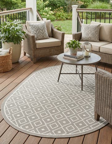 Gray Easy-Clean Lattice Indoor / Outdoor Oval Rug