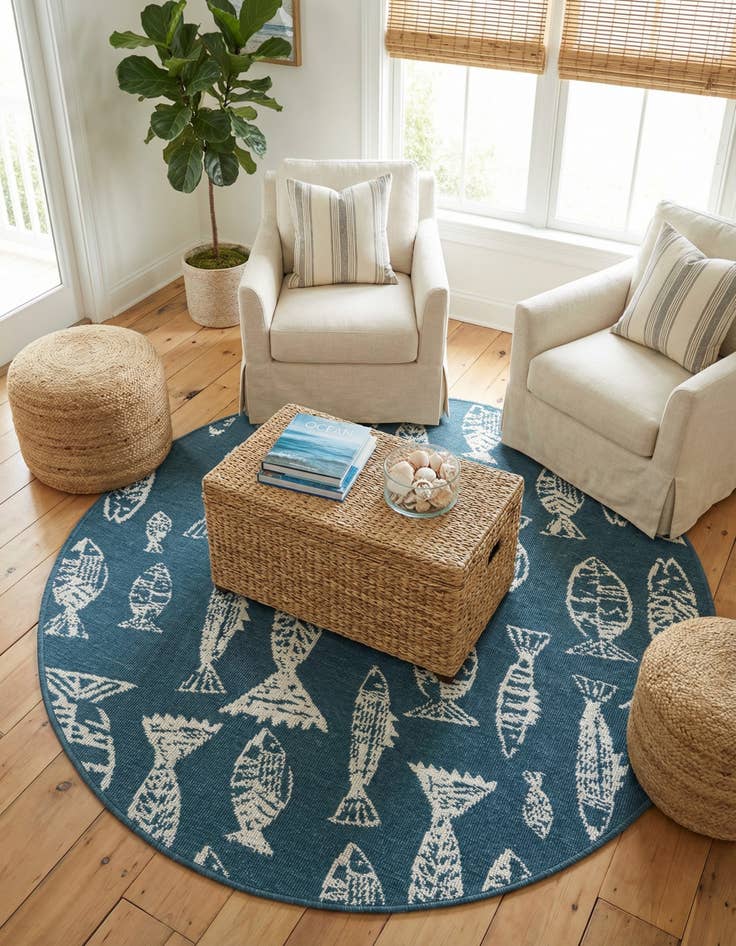 Detail image of 4' x 4'  Washable Coastal Indoor / Outdoor Round Rug