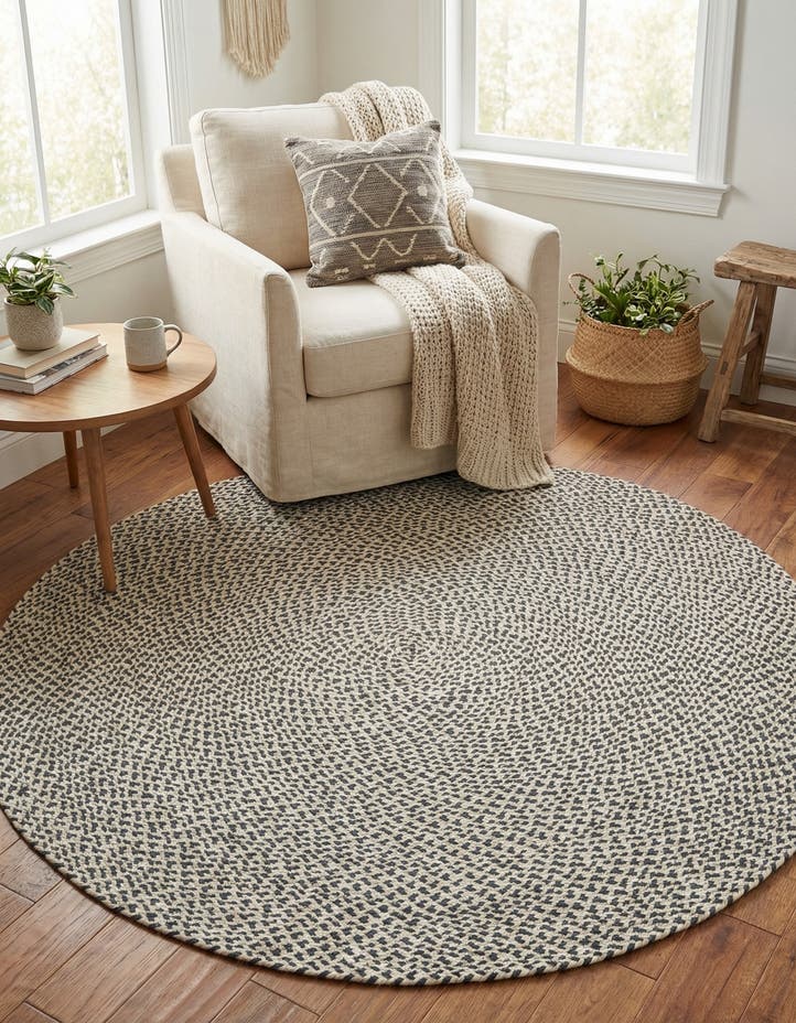 5' 1 x 5' 1 Handmade Tweed Braided Jute Roun...