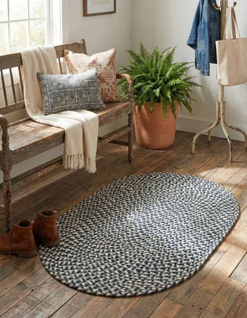 Navy Blue Handmade Tweed Braided Jute Oval Rug