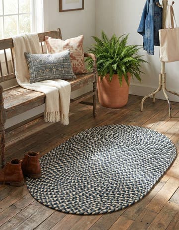 Navy Blue Handmade Tweed Braided Jute Oval Rug