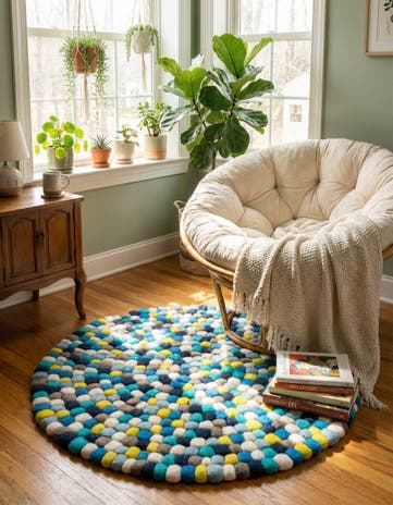 Blue Hand Woven Felt Ball Wool Round Rug