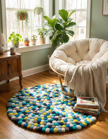 Blue Hand Woven Felt Ball Wool Round Rug