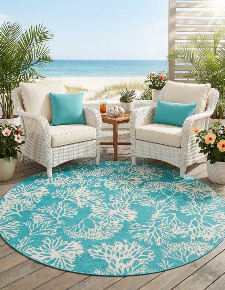 Detail image of 7' x 7'  Washable Coastal Indoor / Outdoor Round Rug