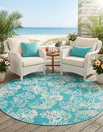 Teal Easy-Clean Coastal Indoor / Outdoor Round Rug