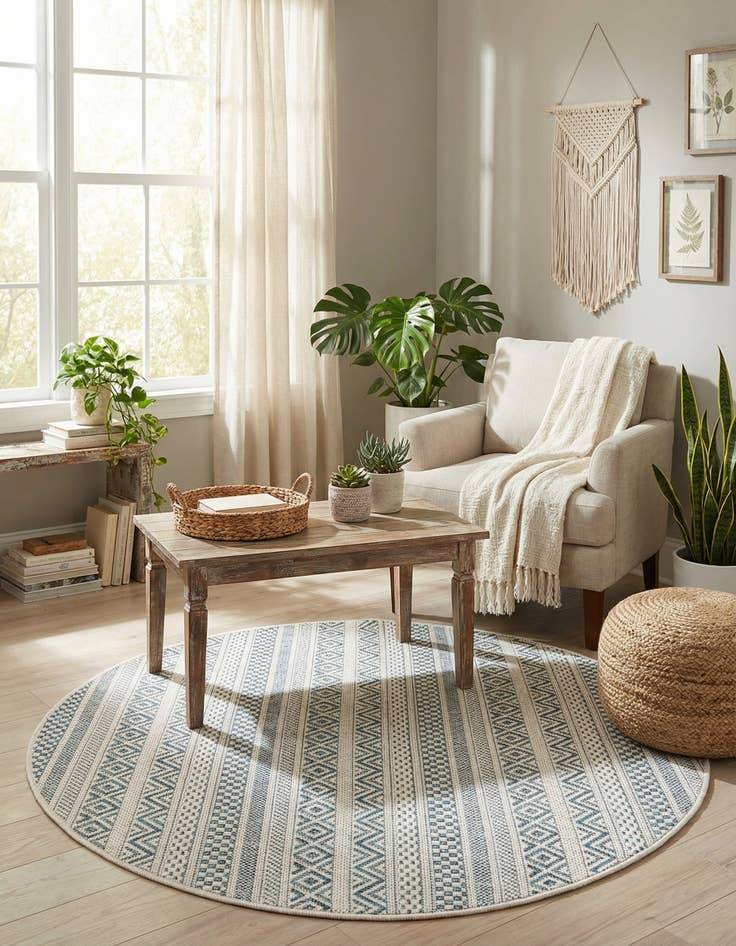 Detail image of 3' x 3'  Washable Striped Indoor / Outdoor Round Rug