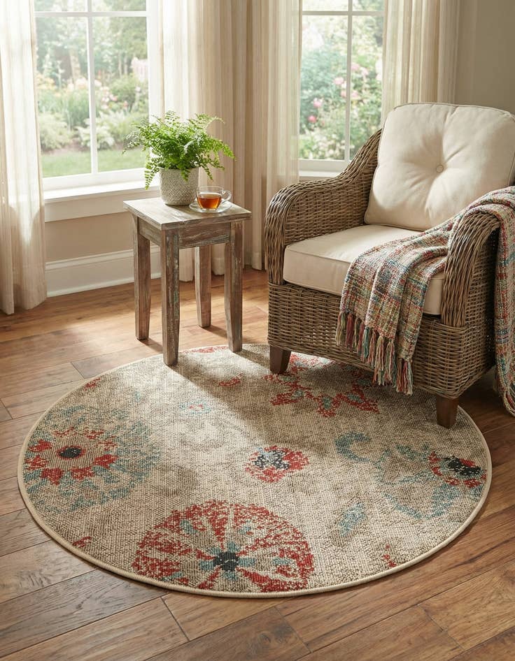 Detail image of  3' x 3'  Washable Botanical Indoor / Outdoor Round Rug