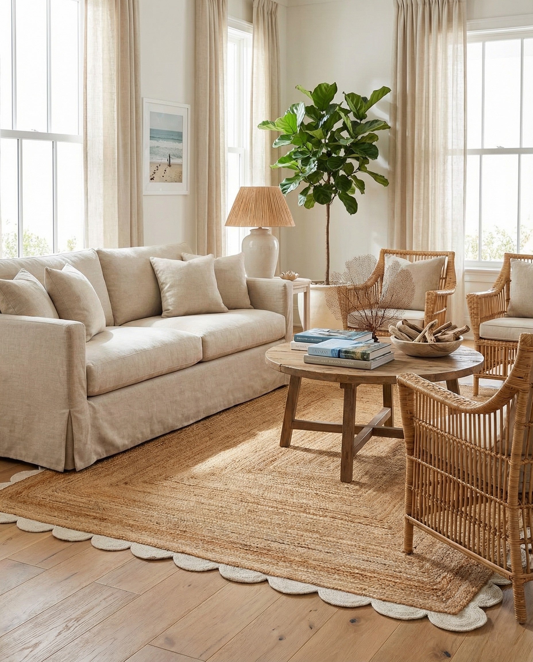 A rectangular 8x10 natural jute area rug with a distinctive ivory scalloped border, perfect for a living room.