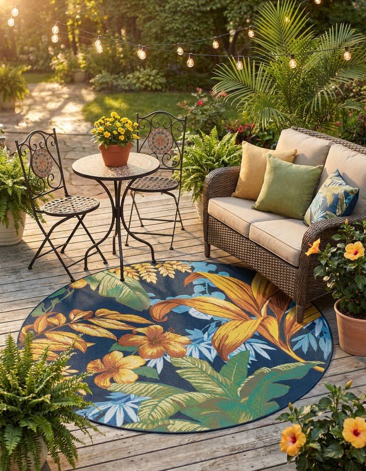 Detail image of 5' x 5'  Washable Botanical Indoor / Outdoor Round Rug
