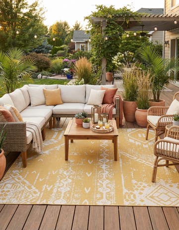 Yellow Easy-Clean Bohemian Indoor / Outdoor Square Rug