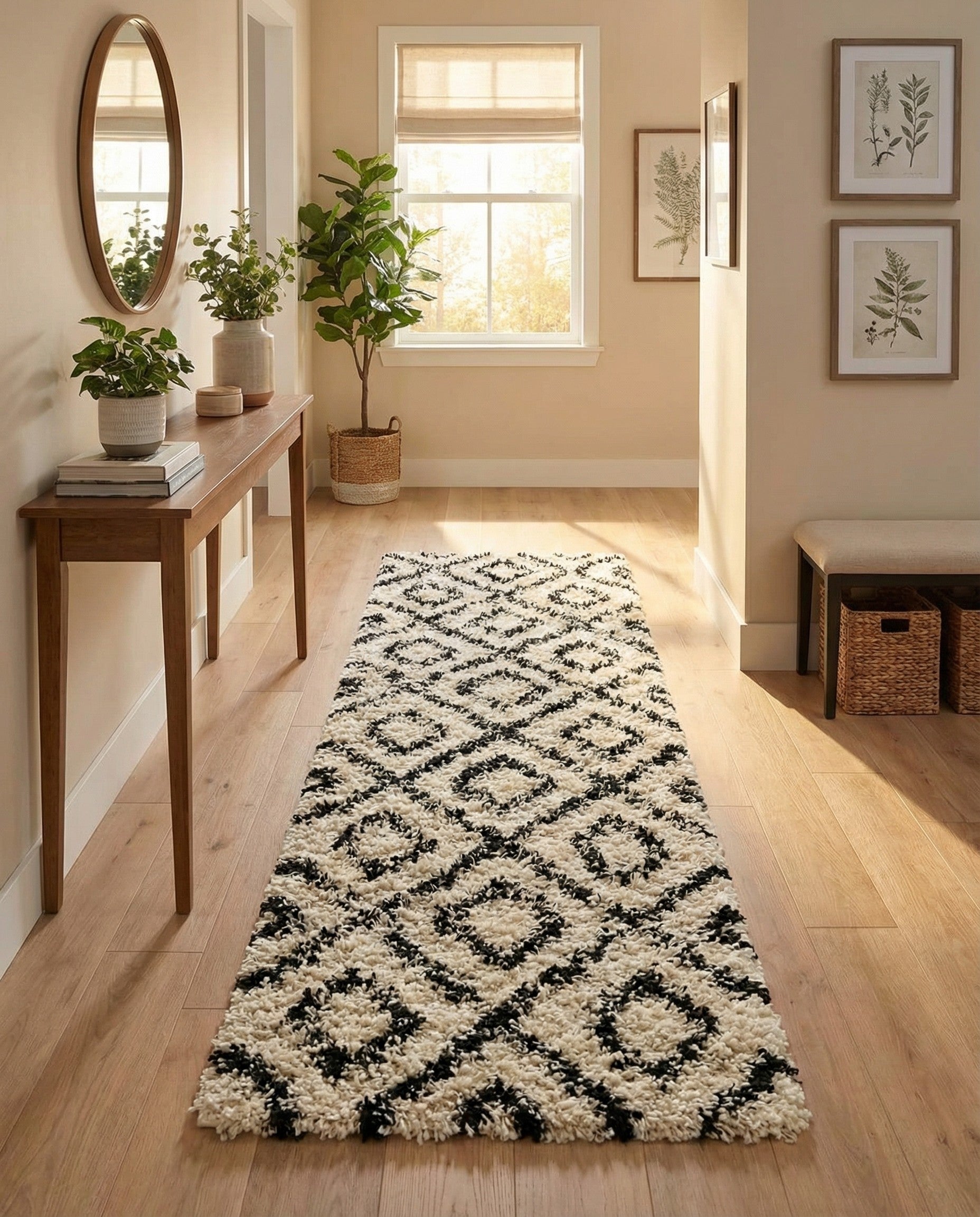 A 16 ft runner rug featuring a textured high-low pile in black and ivory with a modern abstract diamond pattern, ideal for a hallway.