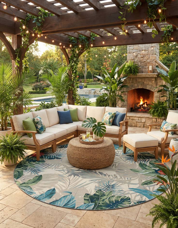 Detail image of 12' x 12'  Washable Botanical Indoor / Outdoor Round Rug