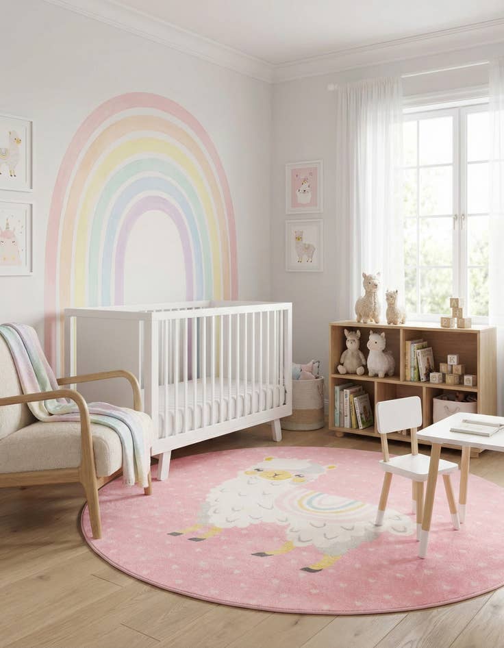 Detail image of 7' 10 x 7' 10 Llama Whimsy Kids Round Rug