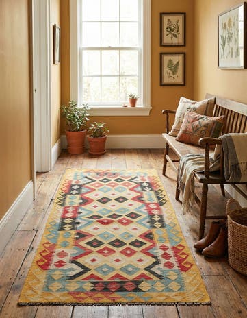 3' 4 x 6' 8 Hand Woven Kilim Maymana Wool Runner Rug