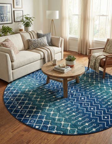 Navy and Teal Moroccan Trellis Round Rug