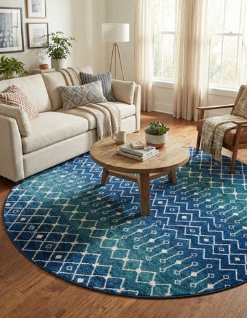 Navy and Teal Moroccan Trellis Round Rug