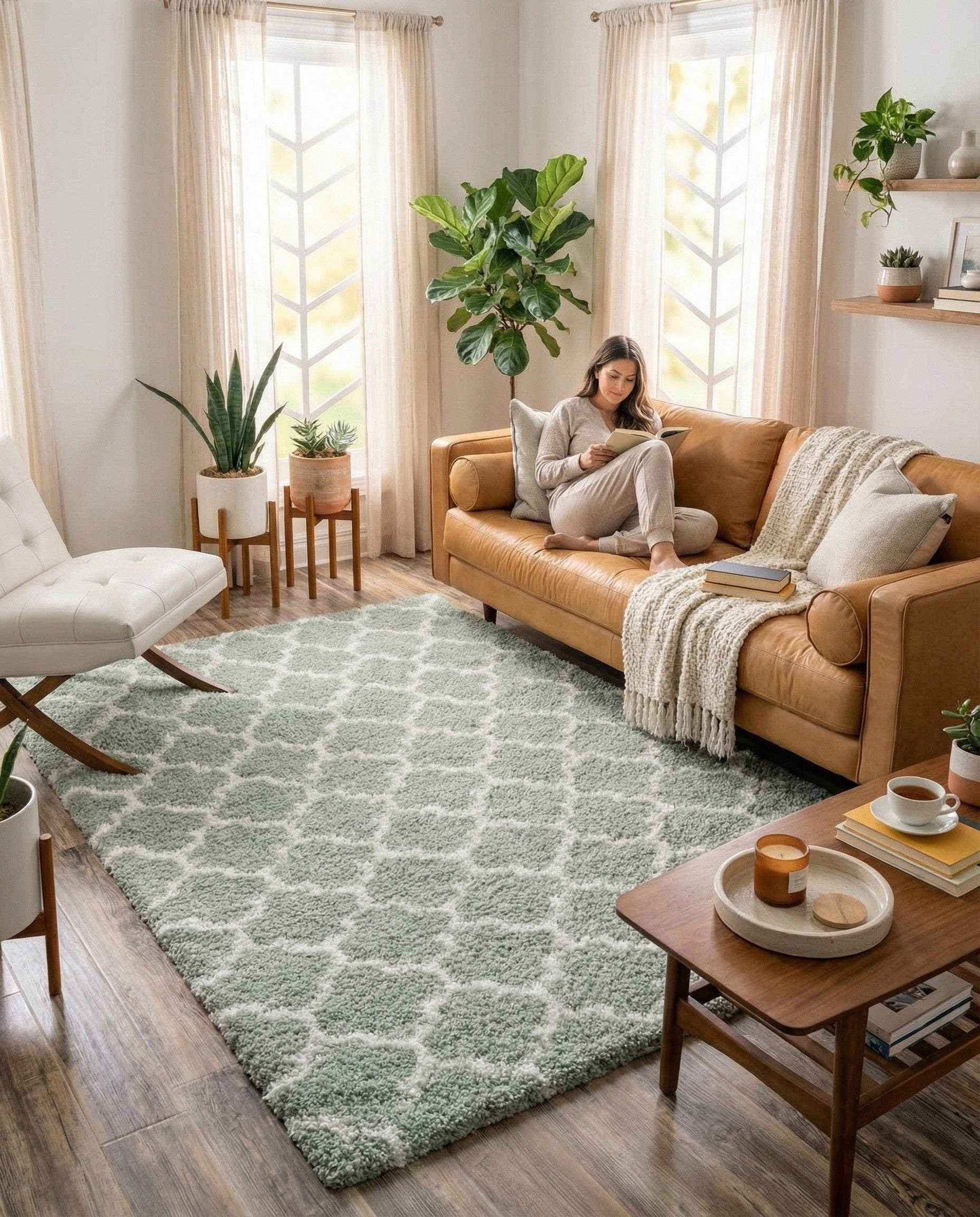 A rectangular 8x10 Rugs.com Moroccan Shag rug in White Cyan, featuring a modern abstract trellis pattern with a plush shag pile.