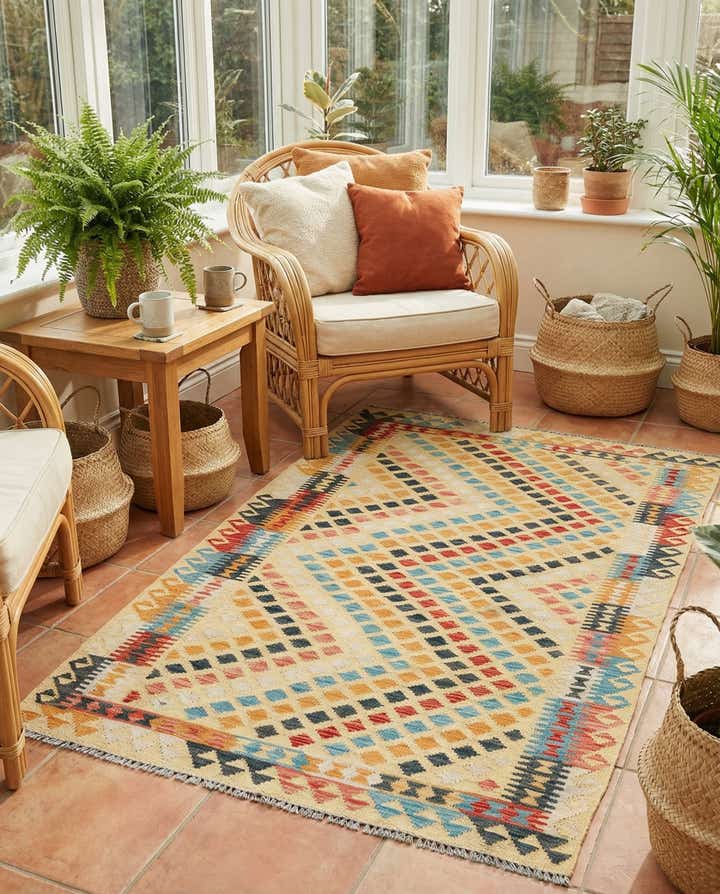 3' 8 x 6' 8 Hand Woven Kilim Maymana Wool Rug