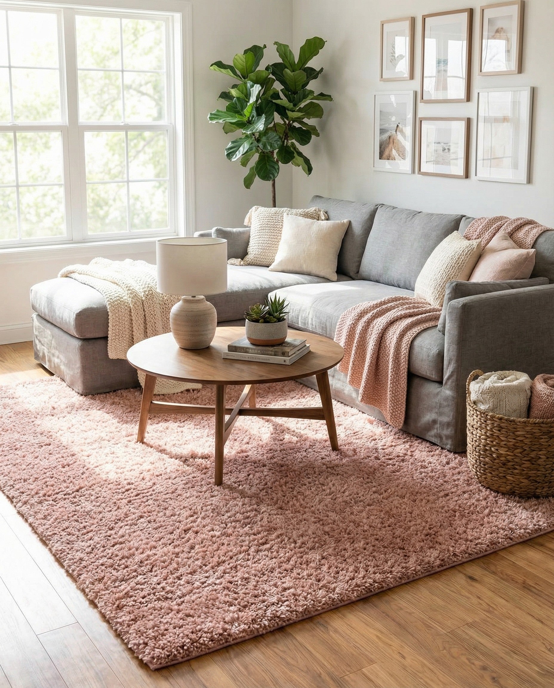 A large 10x13 rectangular shag rug in a solid rose pink color, offering a soft, textured feel.