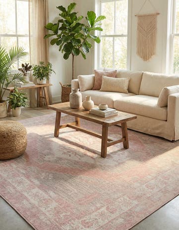 Pink Easy-Clean Traditional Indoor / Outdoor Square Rug