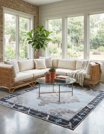 Blue Gray Washable Timeless Square Rug