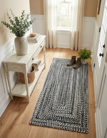 Black and White Easy-Clean Eco Verse Washable Indoor / Outdoor Runner Rug