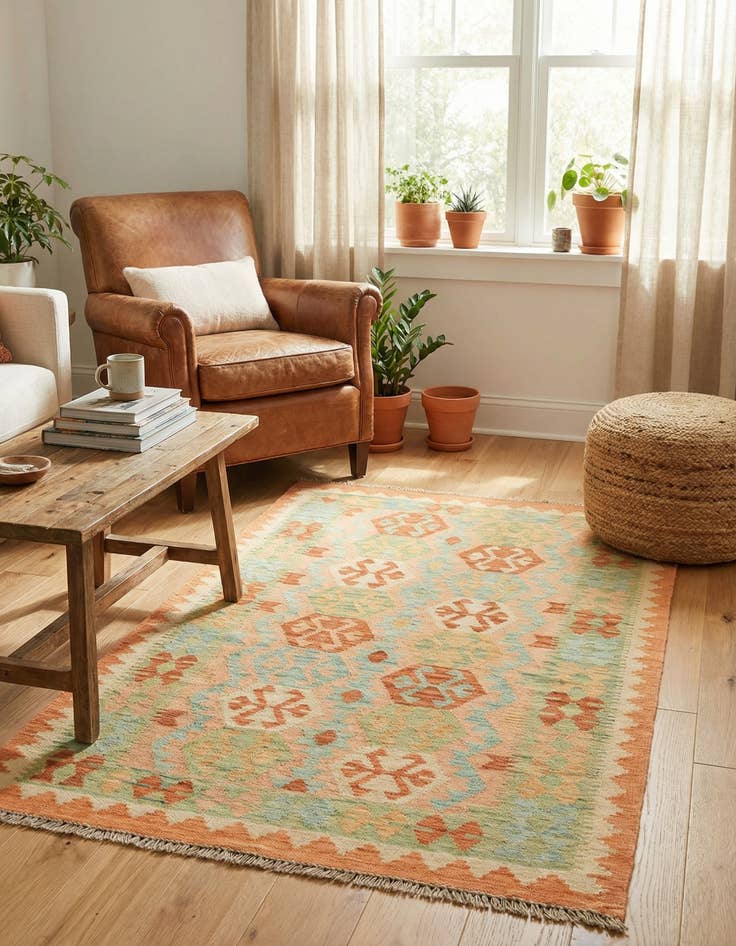 Detail image of 3' 2 x 4' 10  Hand Woven Kilim Waziri Wool Rug