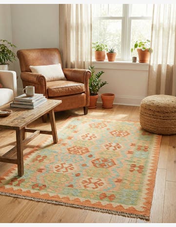 3' 2 x 4' 10 Hand Woven Kilim Waziri Wool Rug
